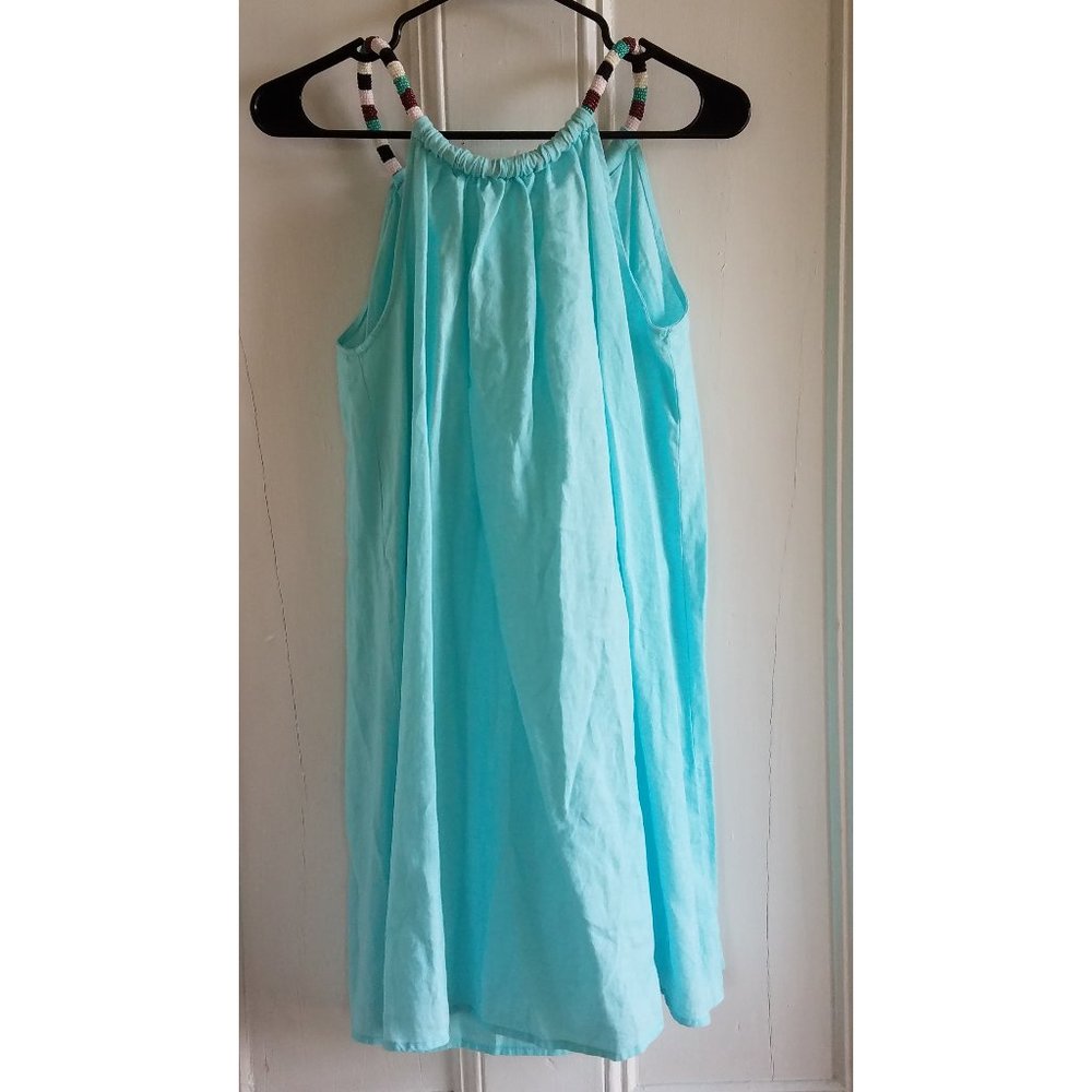 St. Tropez West Shift Dress~Beaded Halter~Aqua Blue Handkerchief Linen~S-M NWT